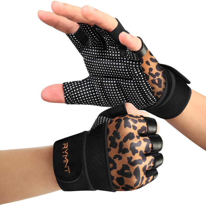 RYMNT Workout Gloves with Weight Lifting Wrist Wrap Vented Cushioned Palm & Extra Grip for Men Women Gym Weightlifting Crossfit Training Fitness Exercise WODs Pullups.Leopard-Medium